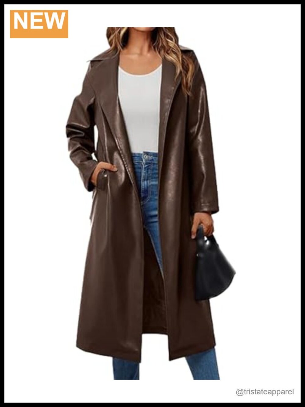 Women's Faux Leather Trench Coat Notched Lapel Long Sleeve Belted Moto Maxi
